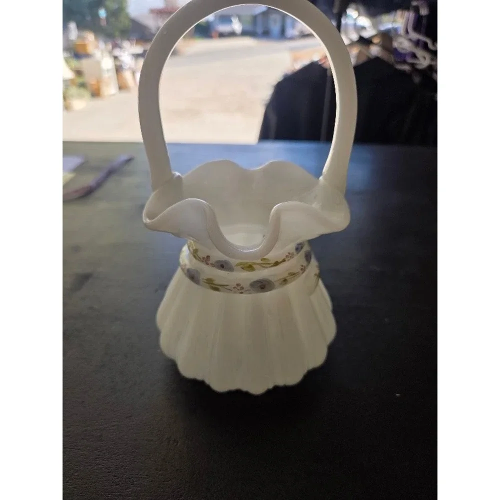 Fenton White Milk Glass Basket Hand Painted C Smith Blue Floral Ruffled Edge
